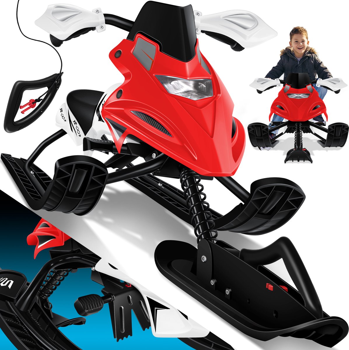 KESSER® Stuurslee | sneeuw slee met 2 Voetremmen | Automatisch Trekkoord | Vering | Slipsturen | Bob Kinderslee Slee | Skibob Stuurslee | - Rood